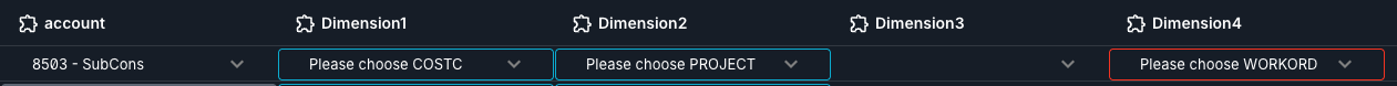 screenshot showing a coding line which now has a mandatory work order select as well as a choose costc and choose project column