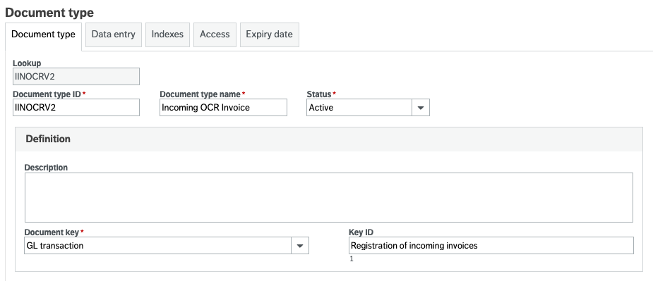 a screenshot of the ERP document type setup screen showing the key id and key