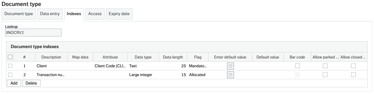 a screenshot of the ERP document type setup screen showing thedocument indexesy