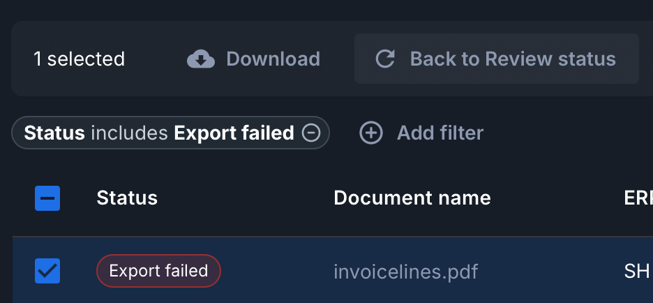shows the back to review button selected from the Rossum document page with one or many document selected