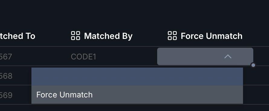 image showing the Rossum screen with a matched data line having the force unmatch field set to "Force"