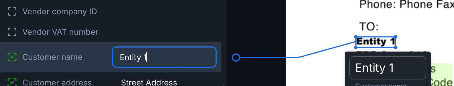 screenshot showing the customer name identified as entity 1 in rossum