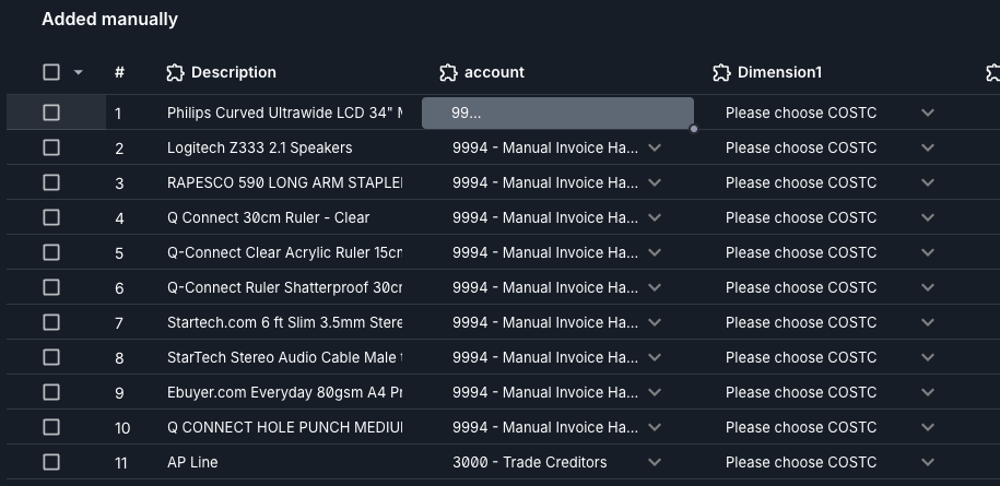screenshot showing eleven coding lines which match the ten invoice lines plus an AP line
