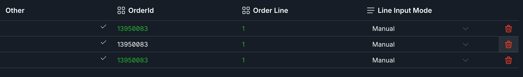 image showing a three line invoice with lines set to manual mode 