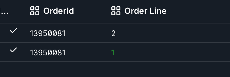 image showing a two line invoice with the second line having a green number one in the order line number 