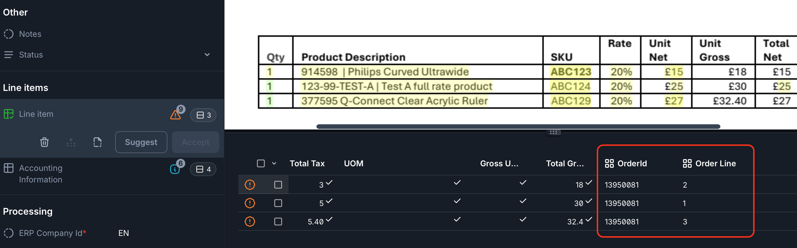 image showing a three line invoice where all lines are matched to order line numbers 