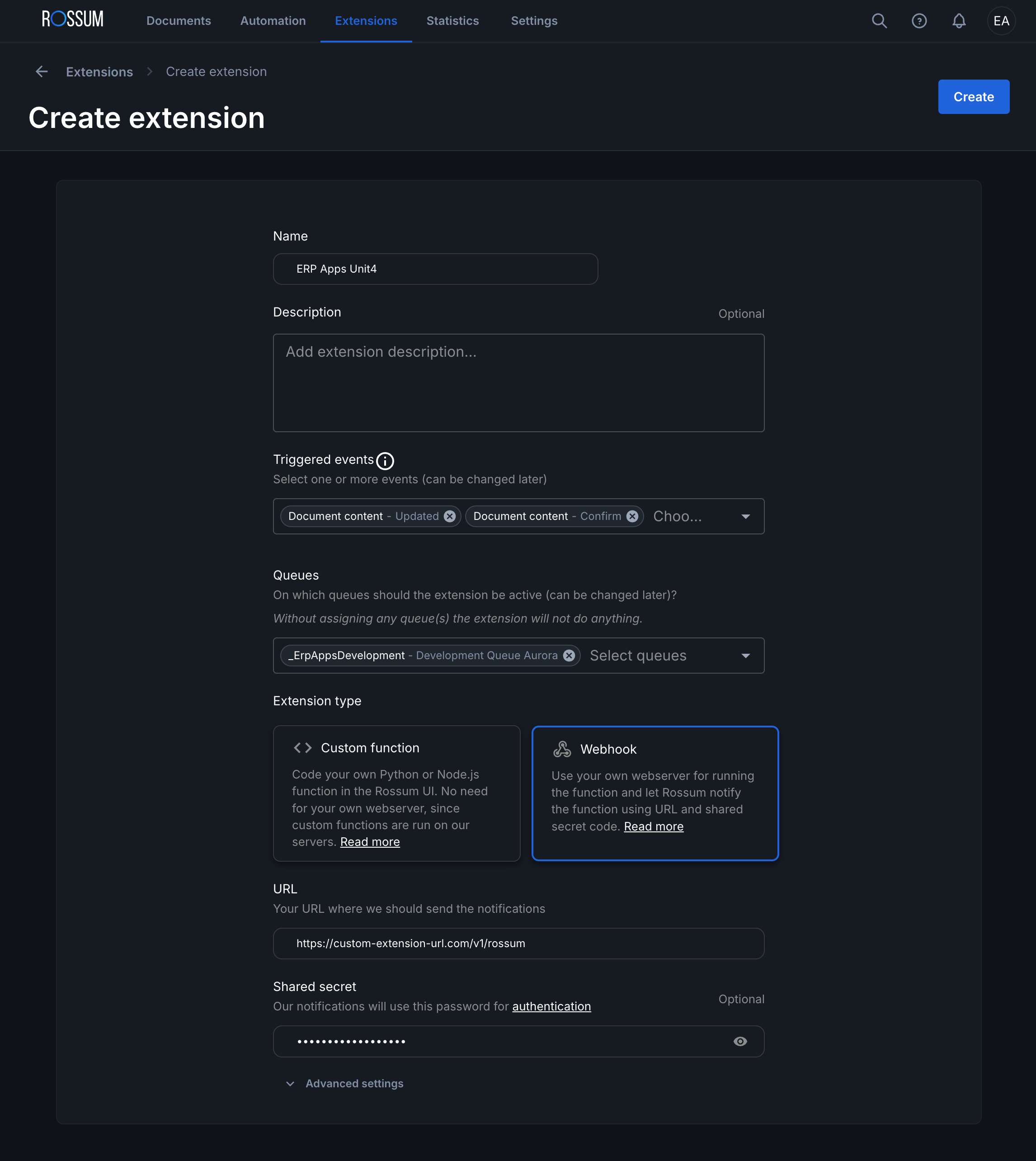 Create Extension Form