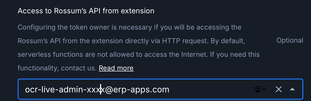 Shows an email address being selected in the token owner box in the rossum screen