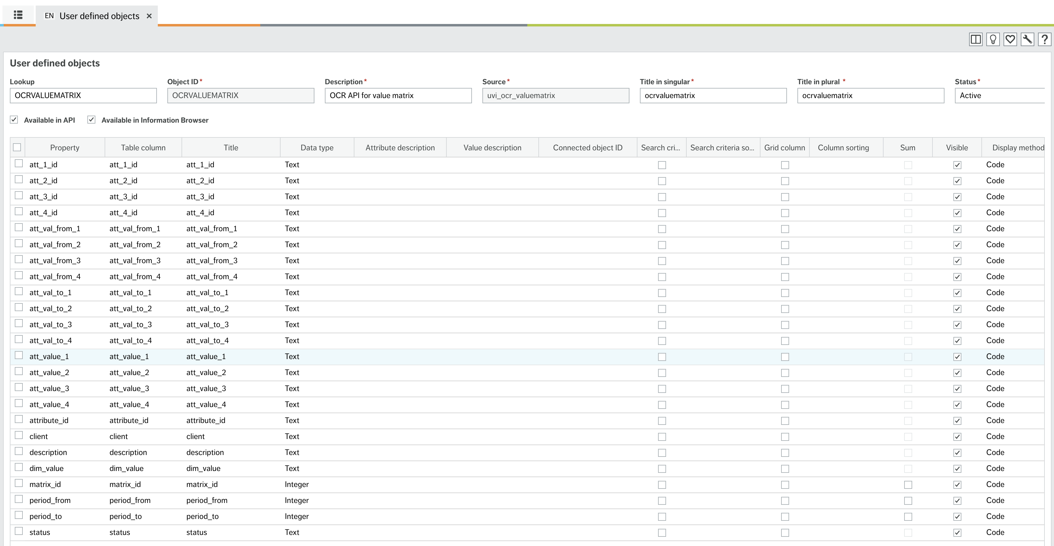 Screen showing the object definition with the object name ocrvaluematrix and the same columns as defined in the view and table 