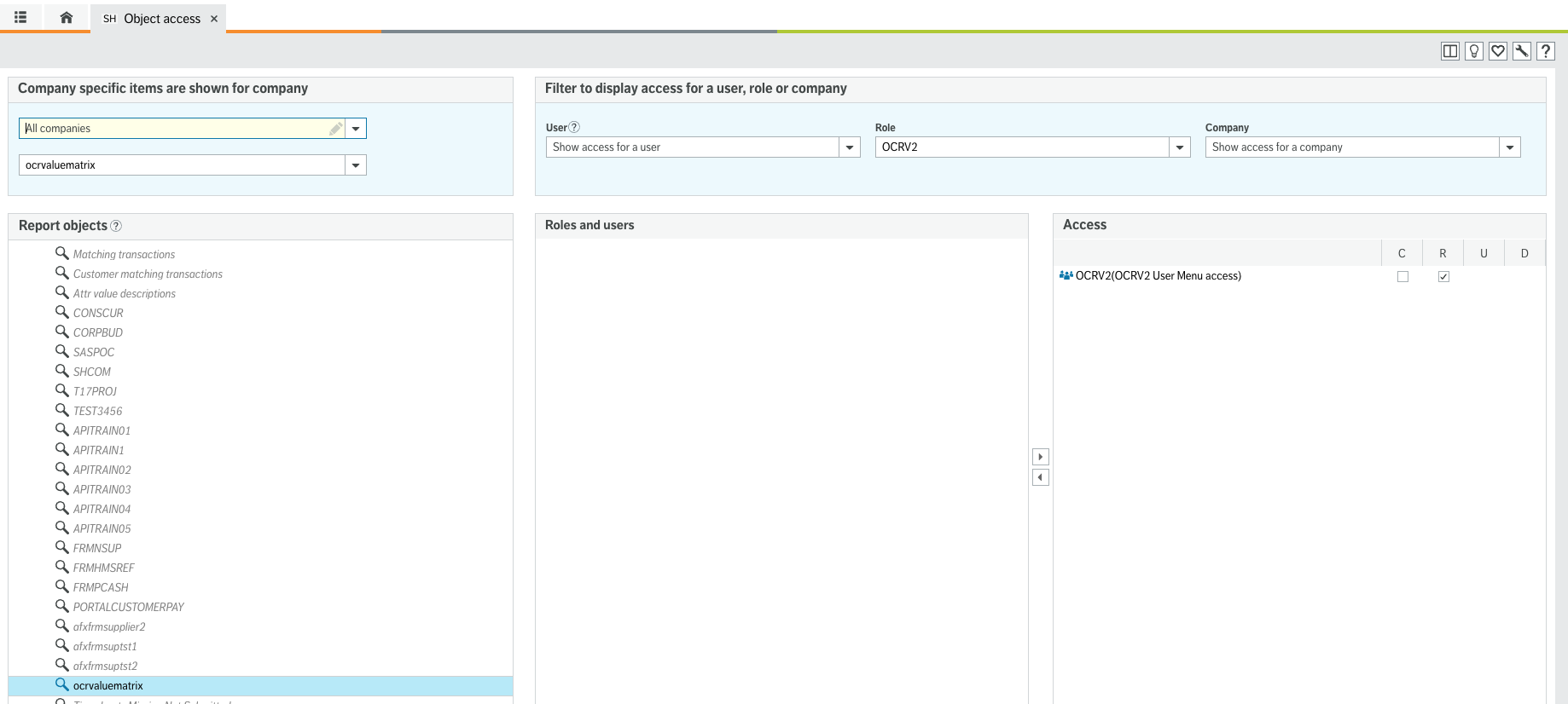 Screen showing object access screen granting read access to the object via a role
