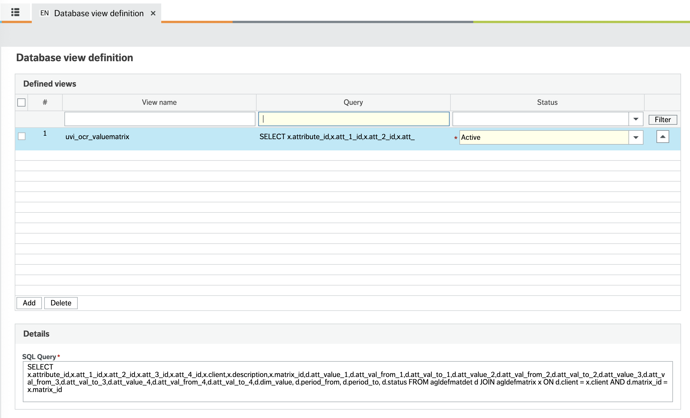 Screen showing the database view definition with the view name uvi_ocr_valuematrix
