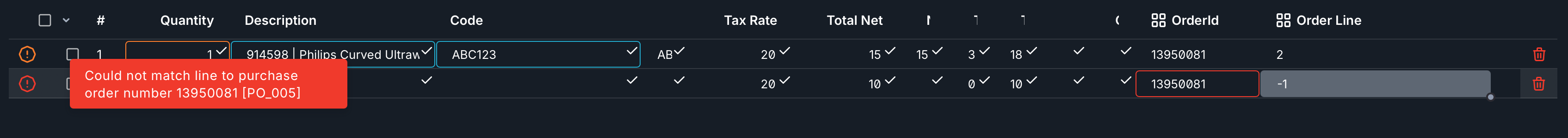 bilde som viser en po_005-feilmelding på en fakturalinje 