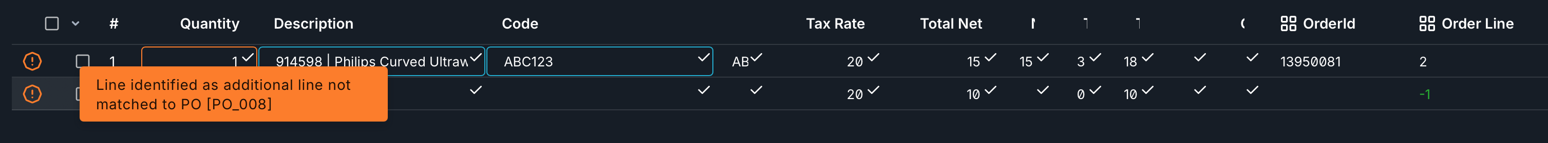 bilde som viser en PO_008-advarsel på en fakturalinje 