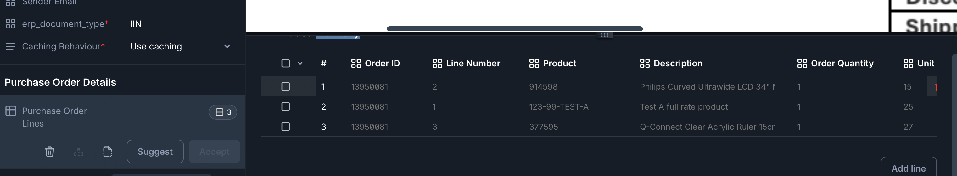 bild som visar inköpsorderinformation vald i Rossum-menyn och orderinformationen från ERP som visas på Rossum-skärmen 